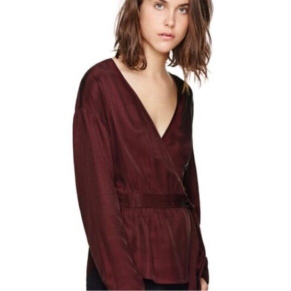 Wilfred Aritzia Anemone Blouse Wrap Tie Up Belted V-neck Truffle Maroon Size XS - Picture 7 of 16